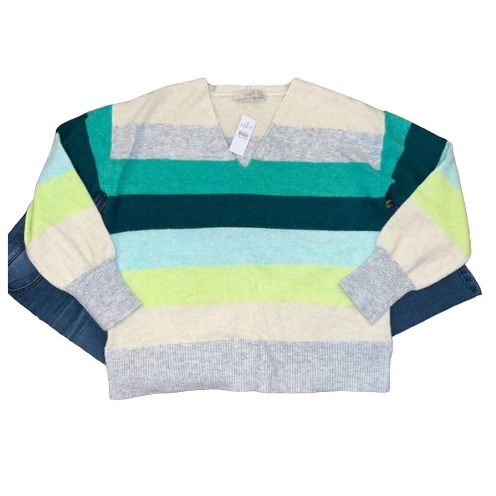 NWT LOFT Green, Grey & Ivory Striped Relaxed V-Neck Sweater - SIZE LARGE
